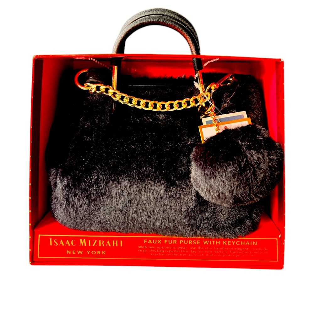 NWT BNIB Isaac Mizrahi Black Faux Fur Crossbody bag w/pompom keychain gift box